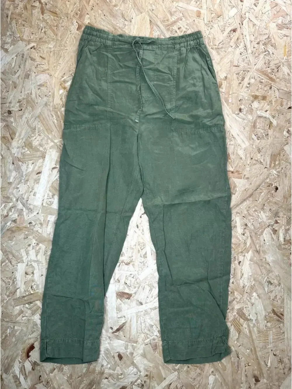 Zara Linen Blend Pants Womens Medium Green Drawstring Elastic Waist Casual Crop